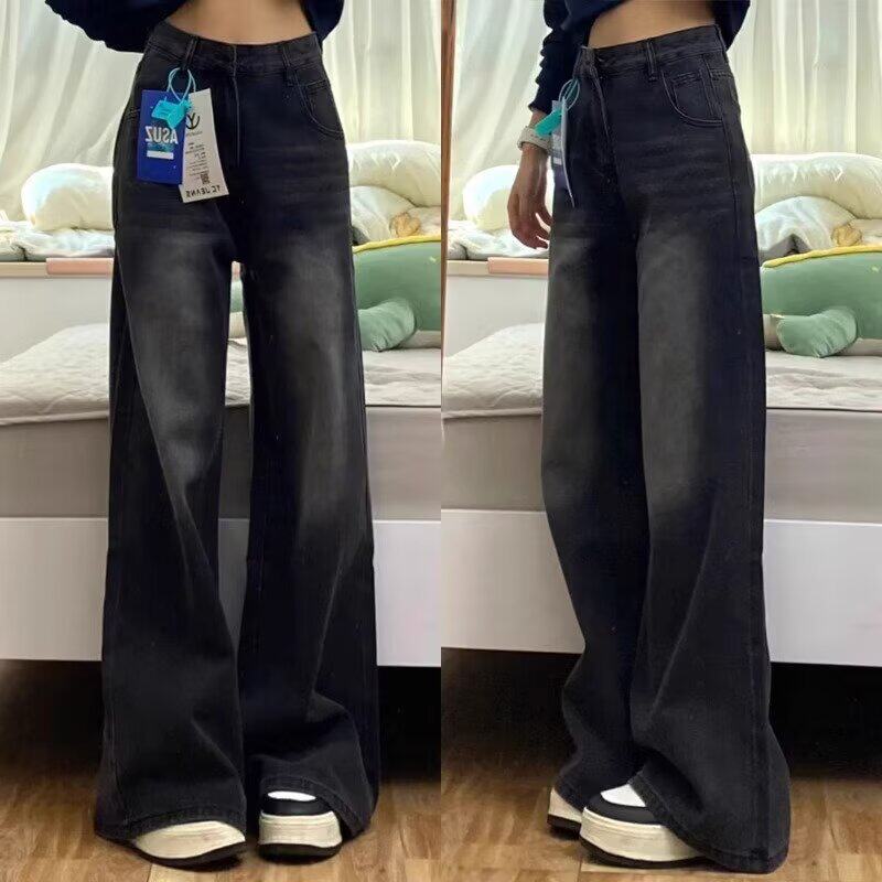 黑灰色直筒牛仔裤女春季新款高腰显瘦宽松复古做旧阔腿直筒长裤子