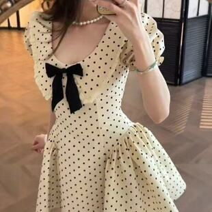 法式千金风蝴蝶结短袖波点连衣裙女夏季新款收腰显瘦绝美a字裙子