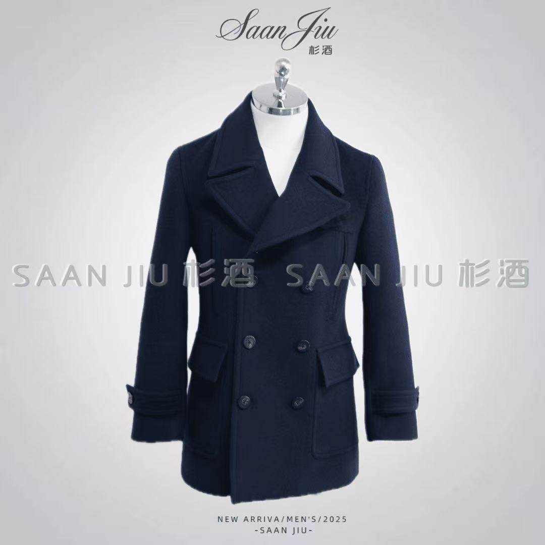 杉酒【海军大衣】【100%绵羊毛】男士经典款大衣中长款修身