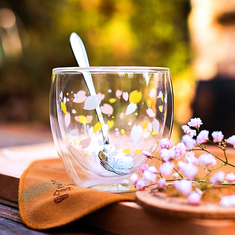 古道品茗樱花隔热双层透明水杯