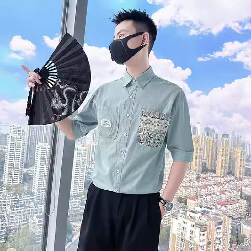 民族风口袋衬衫男短袖潮牌五分中袖寸衫2024新款薄款男装半袖衬衣