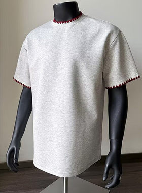 320g重磅太空棉刺绣正肩T恤男夏季灰色领口撞色boxy版型短袖潮牌