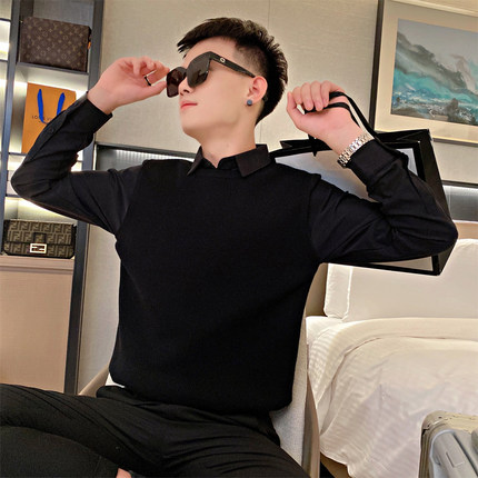 假两件衬衫毛衣男韩版翻领打底衫男士修身上衣百搭休闲线衣针织衫