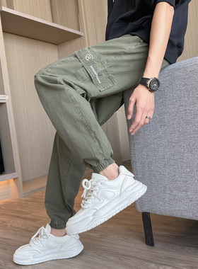 f2ocus军绿色裤子男款窄板阔腿裤2024新款爆款男士工装休闲九分裤