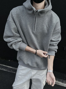440g重磅灰色半拉链卫衣男款春秋cleanfit运动外套短款美式连帽衫