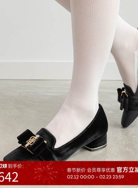 RANDA 25早秋新款蝴蝶结休闲丝绒粗跟方头秋冬乐福鞋 PH36016