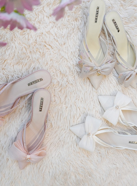 RANDA 26春季新款蝴蝶结织物甜妹日系酒杯高跟穆勒鞋女 DD37046