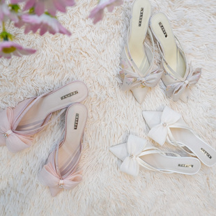 RANDA 26春季新款蝴蝶结织物甜妹日系酒杯高跟穆勒鞋女 DD37046