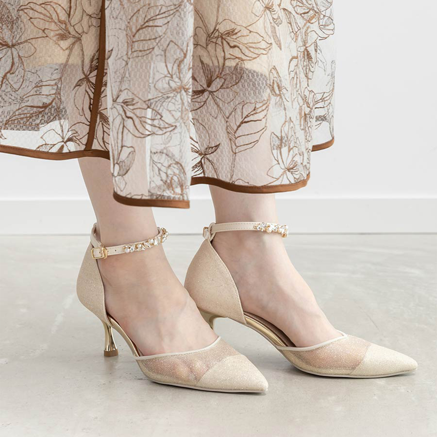 RANDA 26春季可更换装饰网纱织物细跟优雅尖头高跟鞋女 MD37001