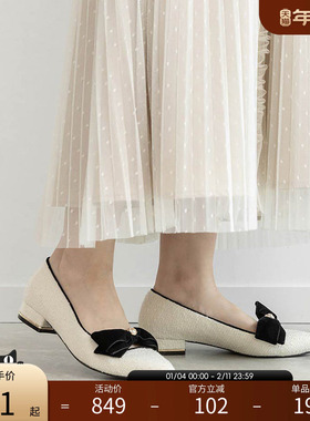 RANDA 25早秋新款天鹅绒蝴蝶结珍珠纽扣休闲平底高跟鞋 PP36008