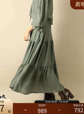 RANDA 军绿色系带衬衫式连衣裙多层荷叶边大摆长裙 BB01237