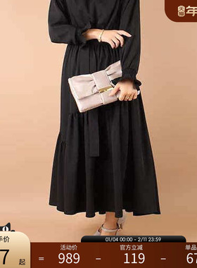 RANDA/兰达V领喇叭袖橄榄绿系带长裙优雅大摆连衣裙 BB01243