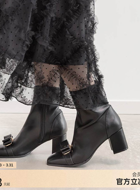 RANDA 25秋季新款蝴蝶结甜美成熟优雅方头舒适短靴 PC36174