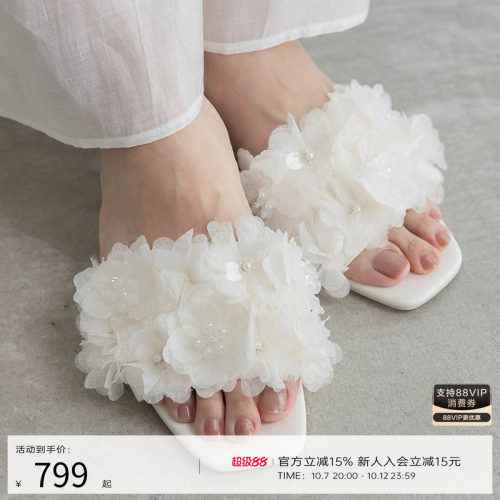 RANDA春夏新款雪纺花饰穆勒凉鞋
