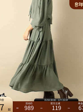 RANDA 军绿色系带衬衫式连衣裙多层荷叶边大摆长裙 BB01237