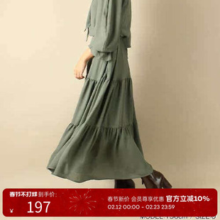 RANDA 军绿色系带衬衫式连衣裙多层荷叶边大摆长裙 BB01237