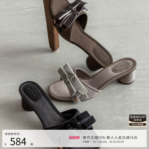 RANDA 26夏季新款法式缎面蝴蝶结穆勒一字拖通勤拖鞋凉鞋 PS38016