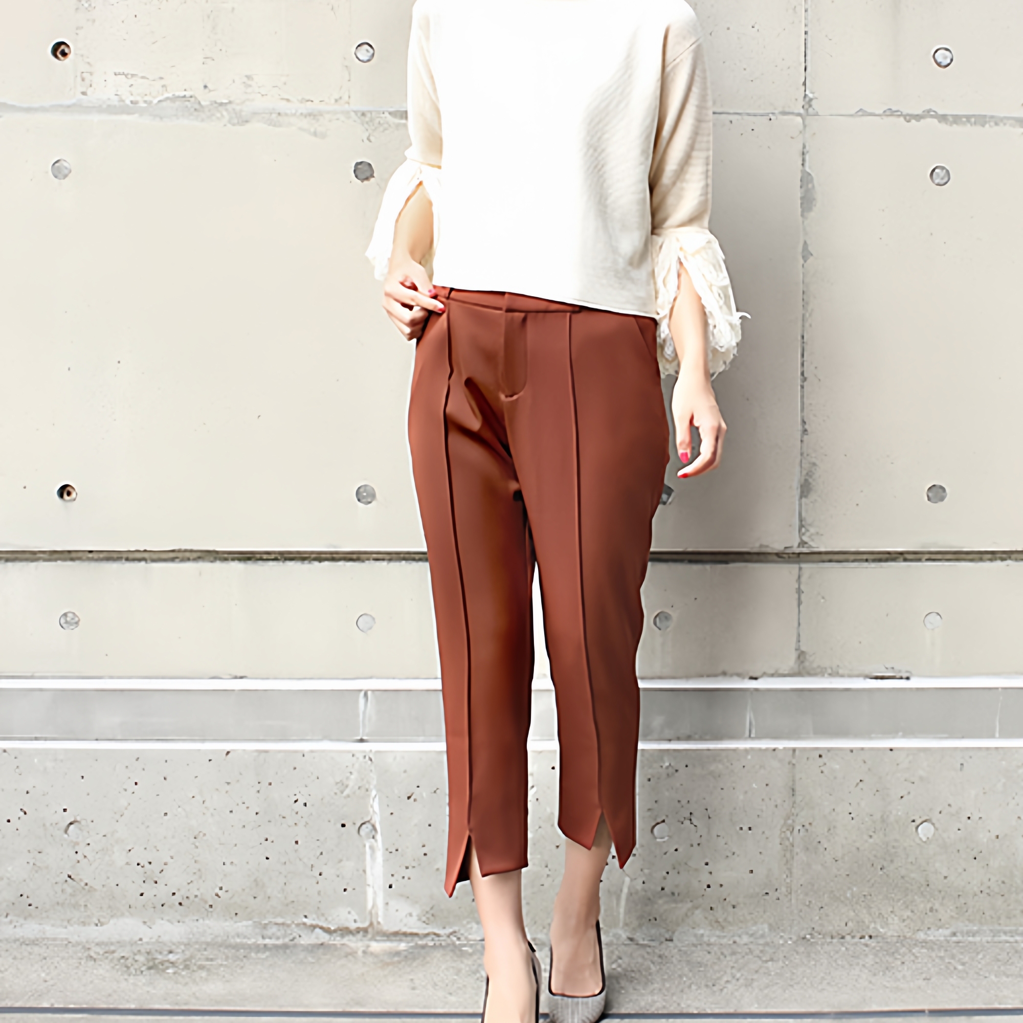 RANDA 复古墨绿色开衩休闲裤显气质女裤 BB01033