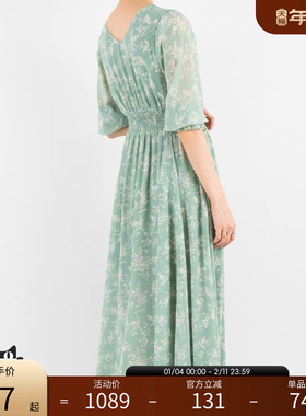 RANDA  荷绿碎花V领中袖连衣裙温柔仙女长裙 BD01564