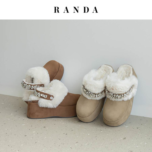 RANDA 26秋季新毛绒百搭穆勒半拖女一脚蹬款毛绒勃肯拖鞋 PS38229