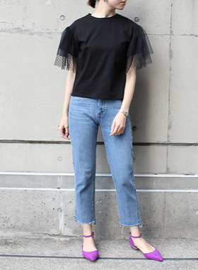 RANDA 春夏新款甜美淑女薄纱袖设计针织T恤衫 BB01102