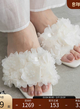 RANDA 25春夏新款雪纺花饰休闲低跟穆勒女凉鞋 PS35268