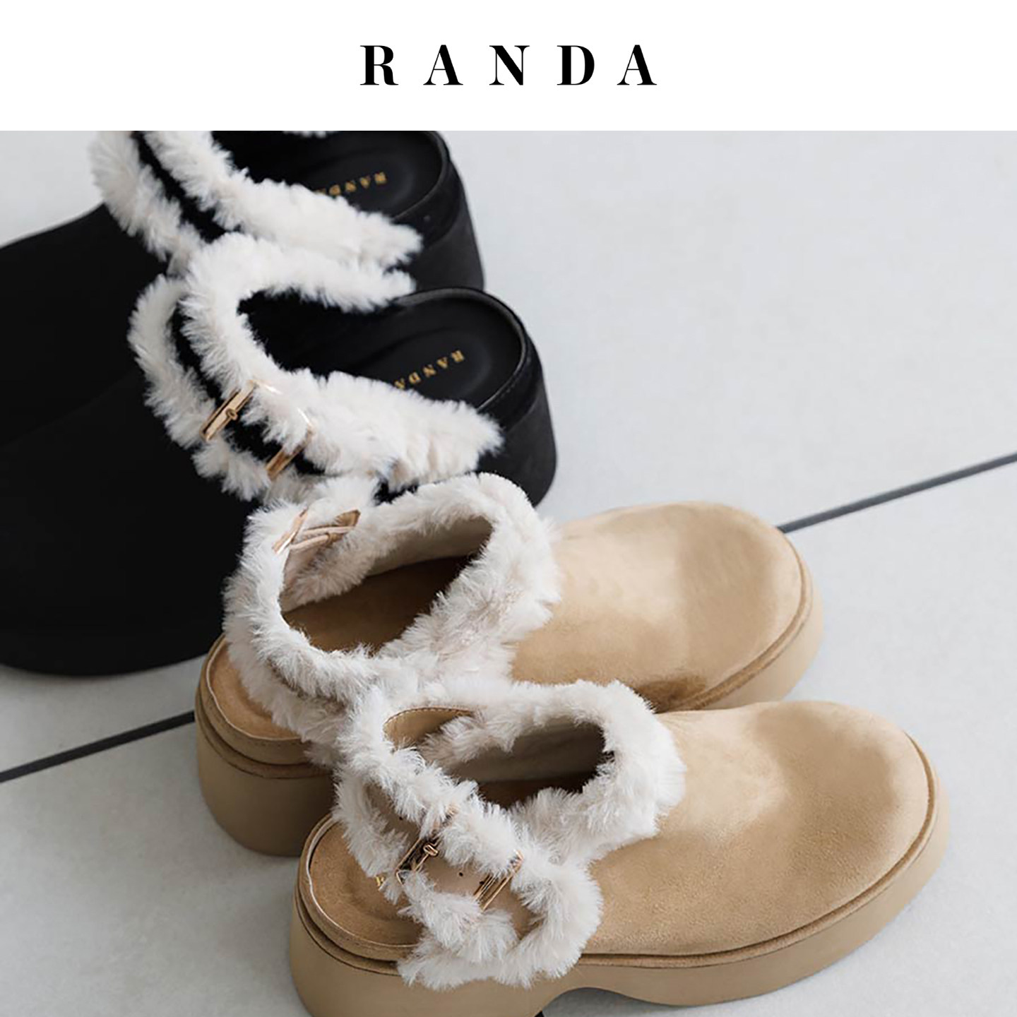 RANDA 26秋季新款时尚增高厚底舒适毛绒半拖一脚蹬勃肯鞋 PS38107图片