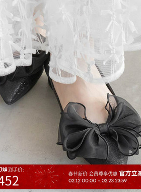 RANDA 25春季新款可拆卸丝带蝴蝶结尖头女单鞋平底高跟鞋 PP35224