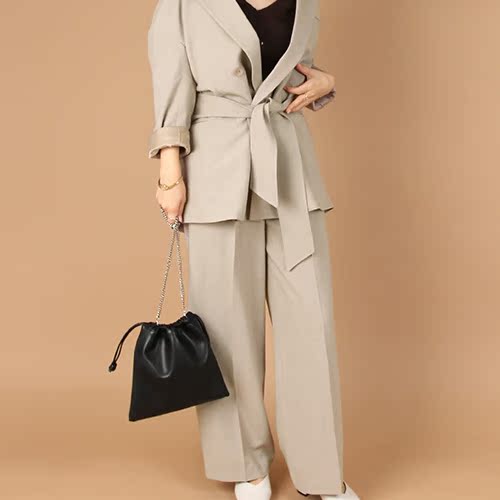 RANDA/兰达气质灰蓝色高腰纽扣阔腿裤西装裤BB01246