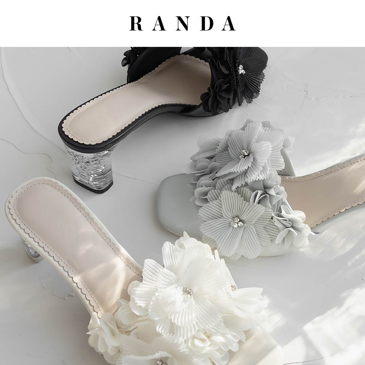 RANDA 26夏季限定新款百褶花朵水钻方头粗高跟穆勒凉鞋女 PS37267图片