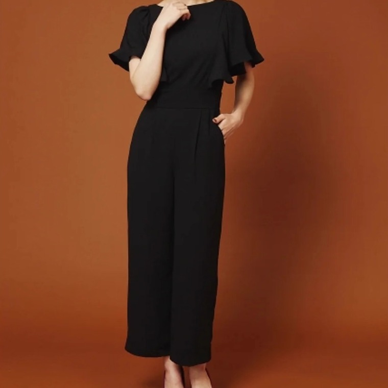 RANDA 荷叶袖连体裤女新款收腰显瘦气质通勤OL阔腿连衣裤BB01207