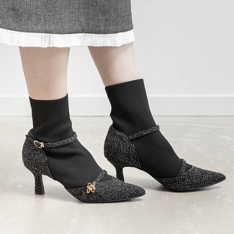 RANDA 25秋季新款优雅升级款高跟鞋针织拼接短靴 DC36070