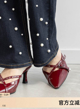 RANDA 25早秋新款迷你铆钉交叉带细跟尖头穆勒高跟鞋 PD36095