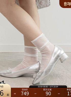 RANDA 25早秋新款蝴蝶结优雅休闲方头粗跟芭蕾平底鞋 PP36156