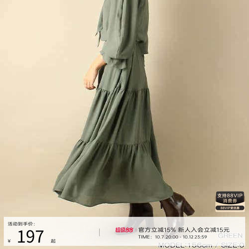 RANDA 军绿色系带衬衫式连衣裙多层荷叶边大摆长裙 BB01237