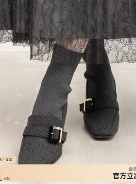 RANDA 25秋季新款原创金属扣高级感针织拼接粗跟长靴 PC36068