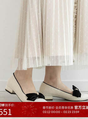 RANDA 25早秋新款天鹅绒蝴蝶结珍珠纽扣休闲平底高跟鞋 PP36008