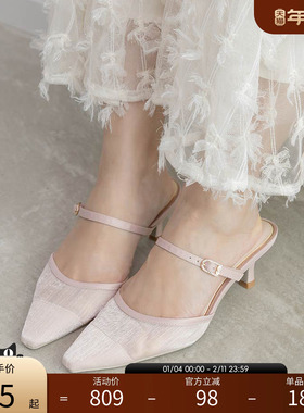 RANDA 26新款春季织物休闲优雅通勤甜美尖头酒杯跟穆勒鞋 DD37027