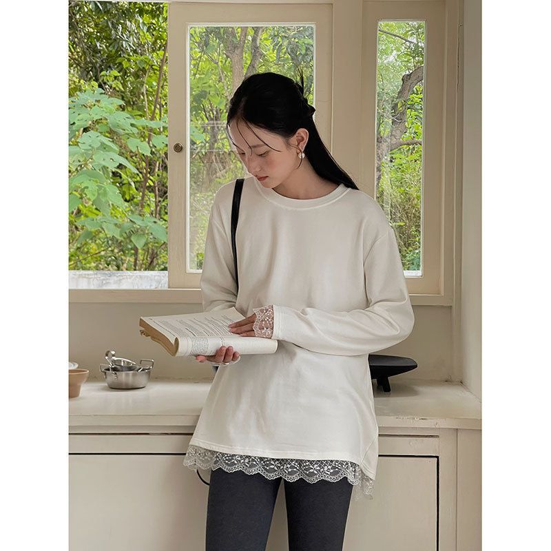 【叠穿yyds】兴北韩系圆领蕾丝花边T恤女冬季新款内搭打底衫W411B