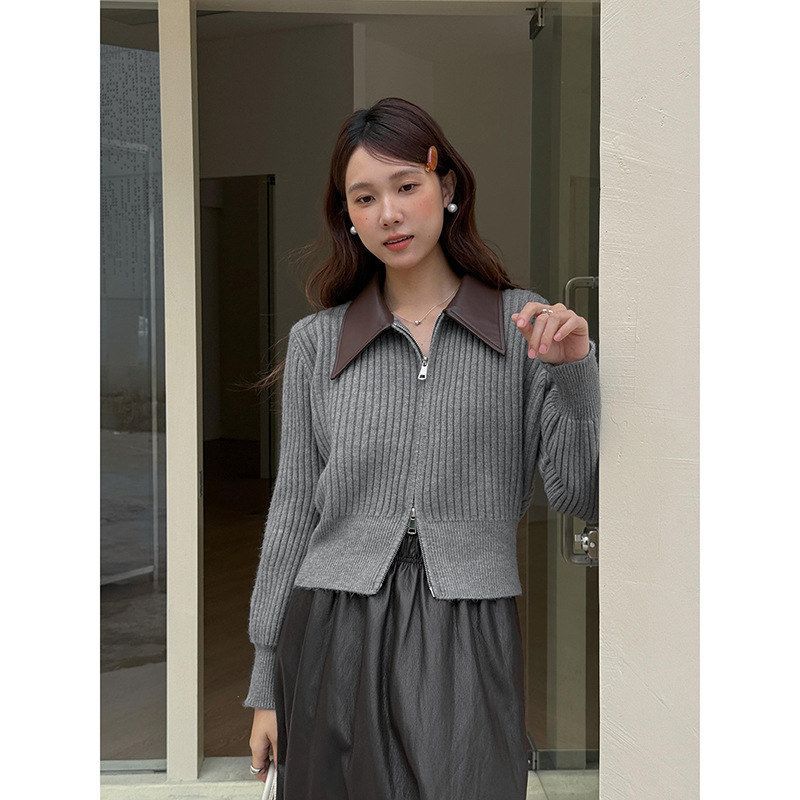 【燕麦巧巧】兴北 撞色POLO皮领双拉链针织开衫女装冬季上衣J786C