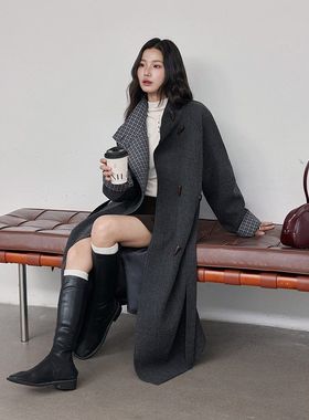 【悉尼往事格纹拼接毛呢】兴北 中长款毛呢外套冬季新款大衣W693C