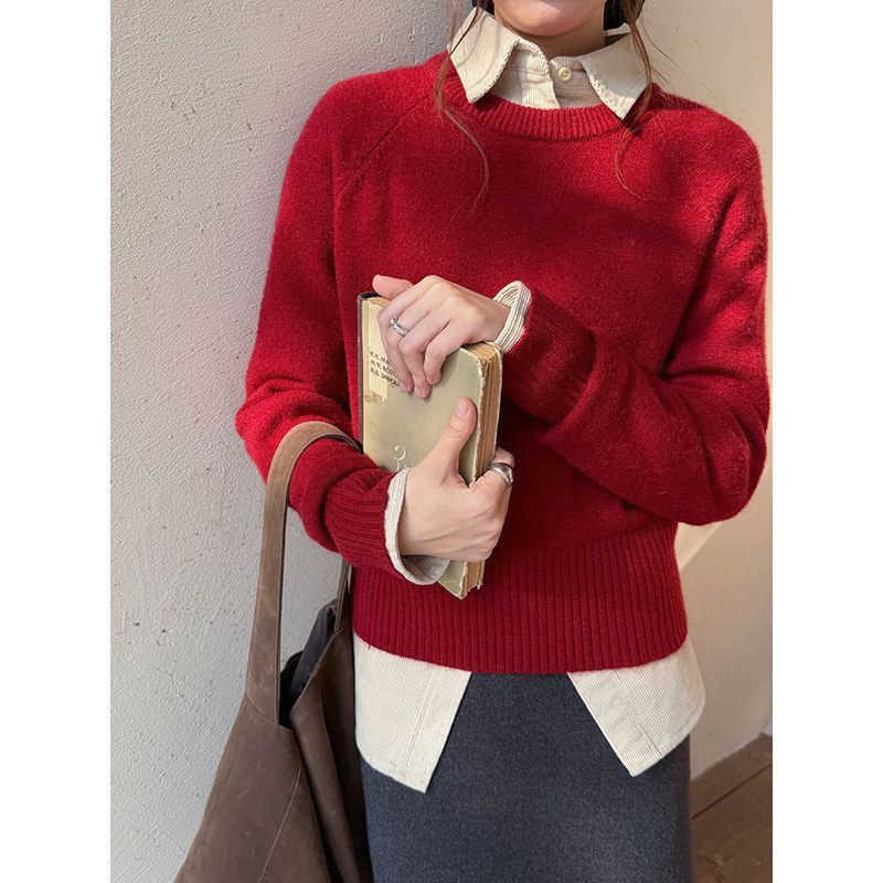 【移动的深秋】兴北 基础纯色圆领套头毛衣女冬季新款针织衫N935C