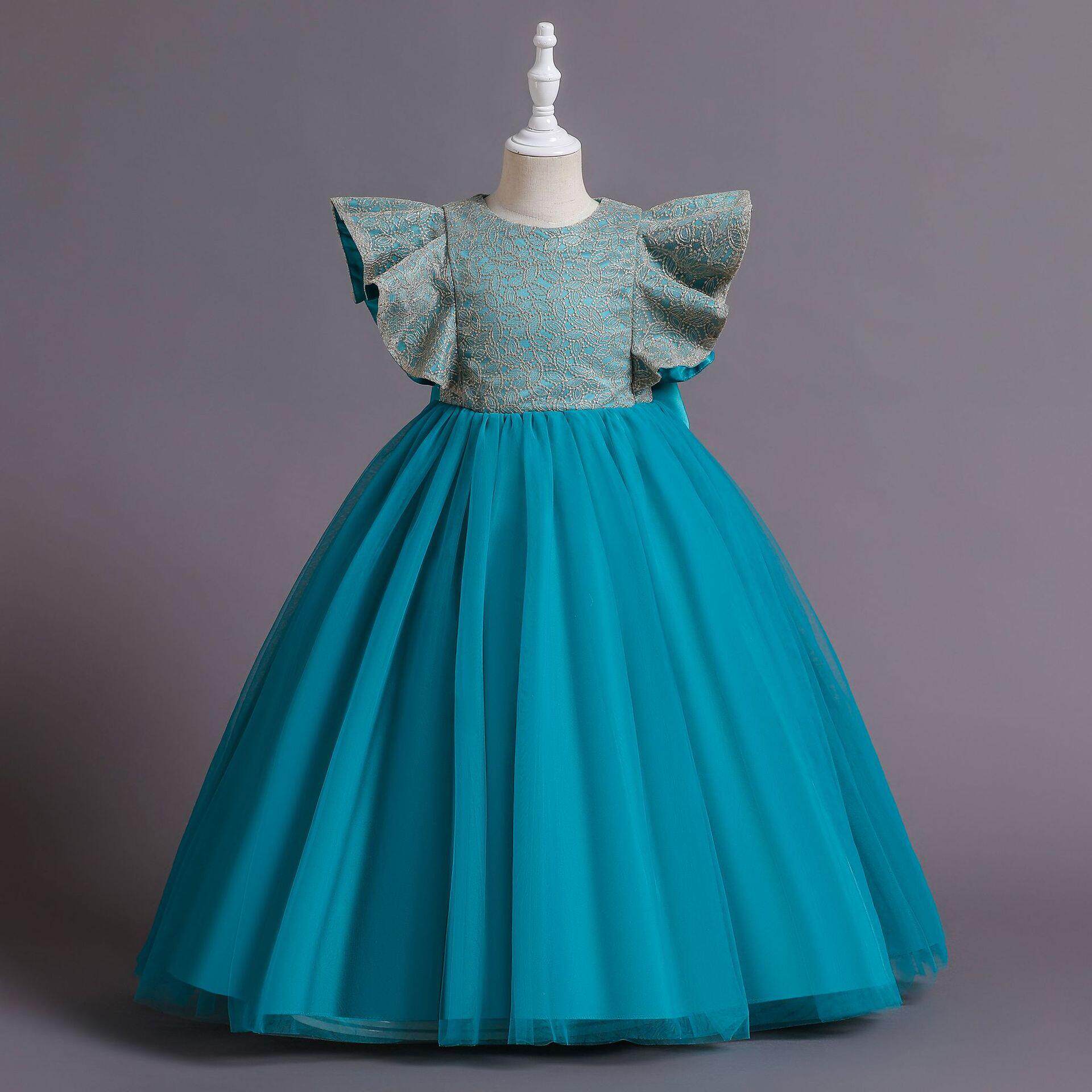 跨境女童长款公主礼服裙中大童蓬蓬婚纱花童连衣裙演出走秀晚礼服