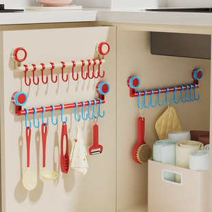 吸盘连排挂钩免打孔厨房一排式橱柜门后滑轨锅铲勺子铲子收纳挂架