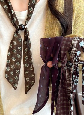 复古咖绿色碎花丝巾项链女小众抽拉式长款秋冬毛衣链时髦百搭配饰