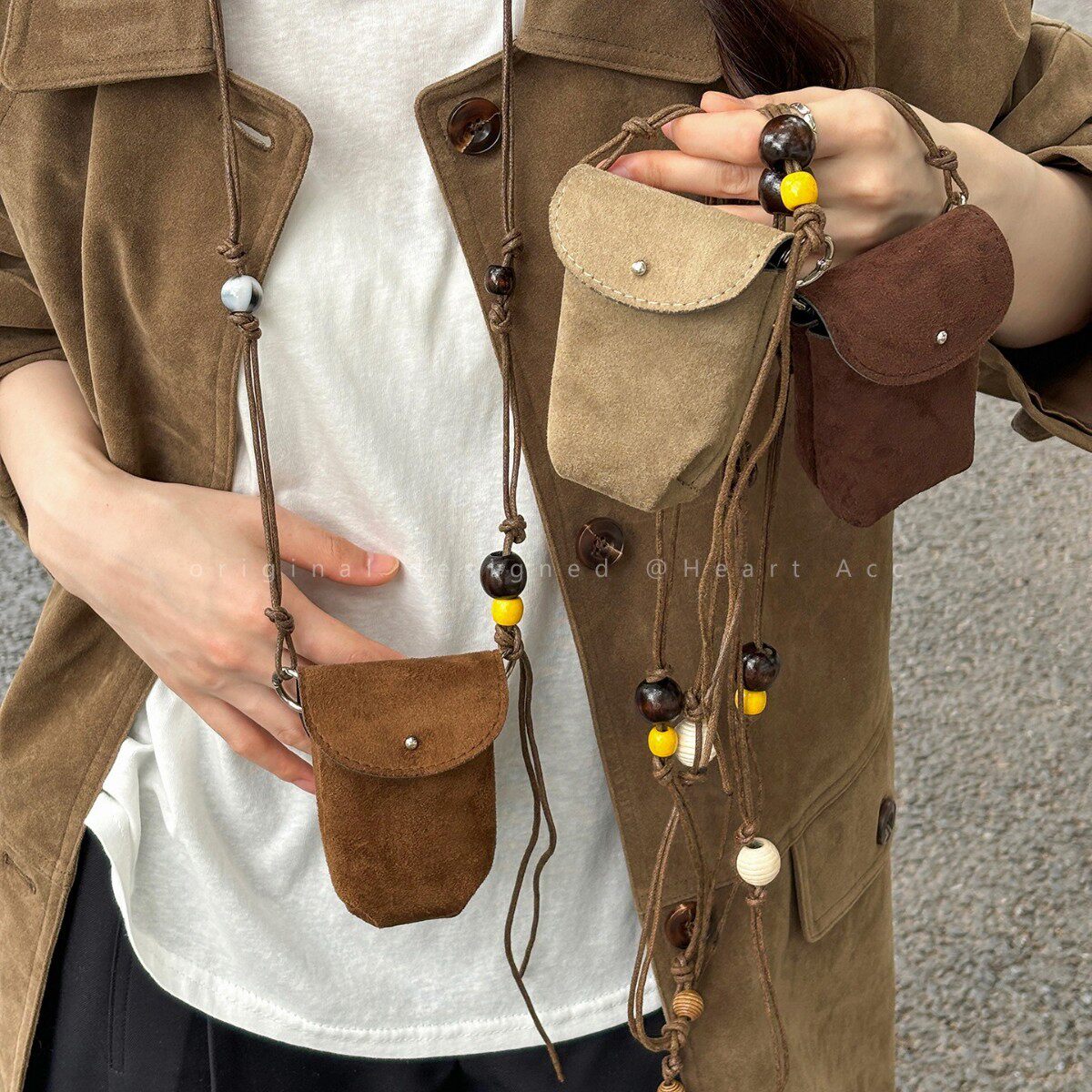 美拉德棕色麂皮绒小包项链女可拆卸斜跨单肩包包毛衣链零钱包配饰