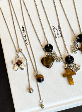 虎眼石十字架爱心花朵项链女高级感小众长款毛衣链美拉德气质配饰