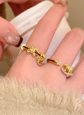 锆石木马开口戒指女小众独特童趣设计金色指环2025新款秋冬食指戒
