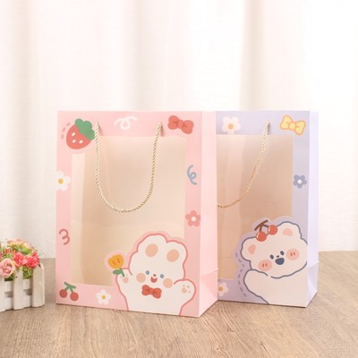 手提袋鲜花花束包装袋玩具公仔玩偶纸袋开窗透明礼品袋定制印logo