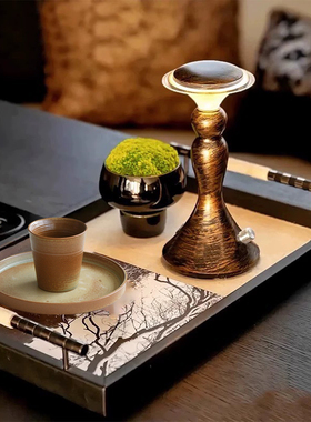 现代中古书房黄铜果盘桌面装饰摆件样板间客厅苔藓盆栽马毛托盘